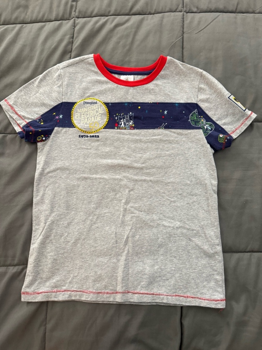 Disneyland Main Street  Parade Gray Tee with Navy Parade Chest Band and Red Trim